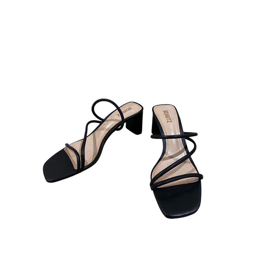 Schutz Shoes Womens Size 10 Black Strappy Block Heel Slip On Sandals Leather
